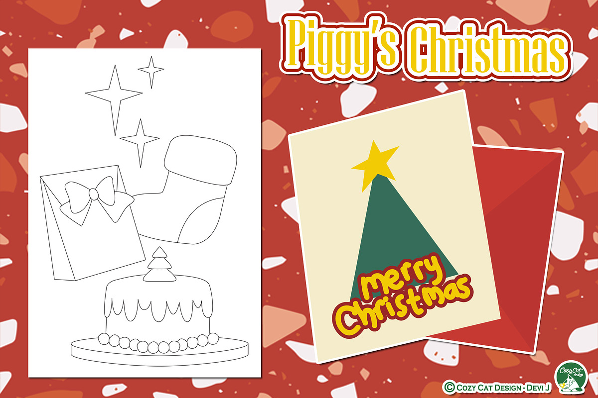 Piggy Christmas Coloring Pages, an Education Illustration by Cozy Cat Design (Photo 4 of 7)