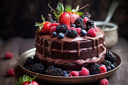 Chocolate cake with fresh berries on plate on wooden table, a Food & Drink Photo by AlyaAnd