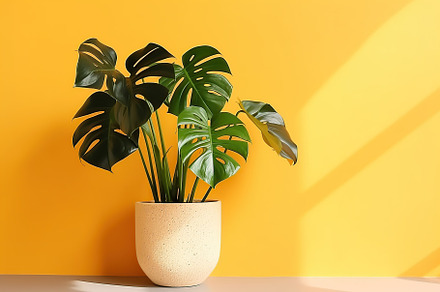 Illustrative of monstera tree in pot on yellow background. Generative AI, a Nature Photo by AlyaAnd
