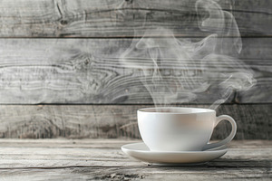 Cup of tea with steam on wooden table, a Food & Drink Photo by AlyaAnd