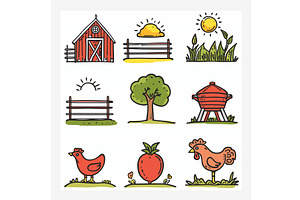 Handdrawn farm doodles set, colorful, an Animal Illustration by Vectorstockersland