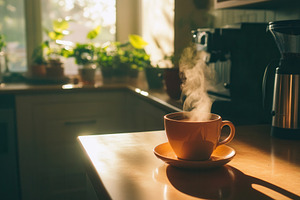 Warm cup of coffee sits on kitchen, a Photo by Pavel_design