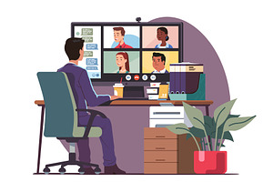 Businessman talking with team online
