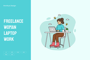 Freelance Woman Laptop Work, a Work Illustration by Partikusi Design