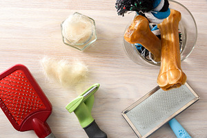 Dog Grooming Tools and Fur on Table