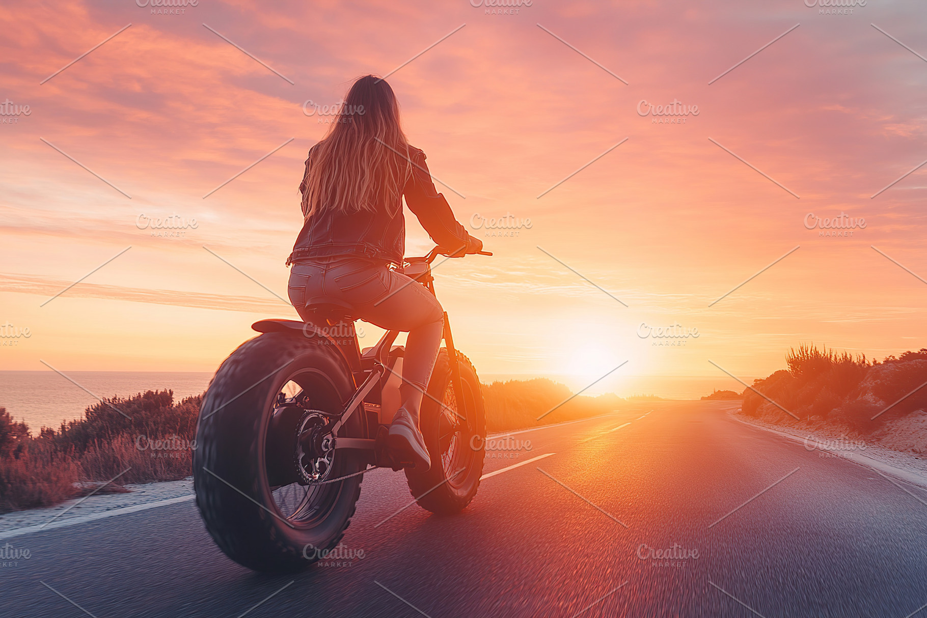 Woman rides electric bike along scenic coastal road at sunset for a beautiful e, a Sports & Recreation Photo by AlyaAnd