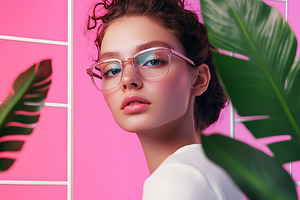 Young woman poses with glasses against vibrant pink background, a Person Photo by AlyaAnd