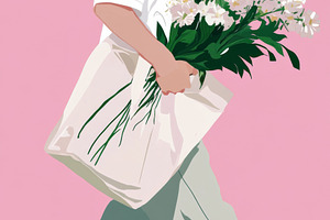 Young man walking with white flowers in tote bag on pink backgro, a Photo by Dvoevnore photos