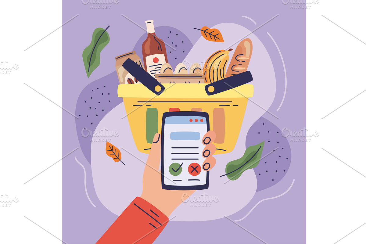 smartphone online grocery shopping, a Food Illustration by studiogstock