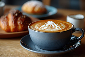 Latte art coffee and pastries breakf, a Photo by Pixeness Studio