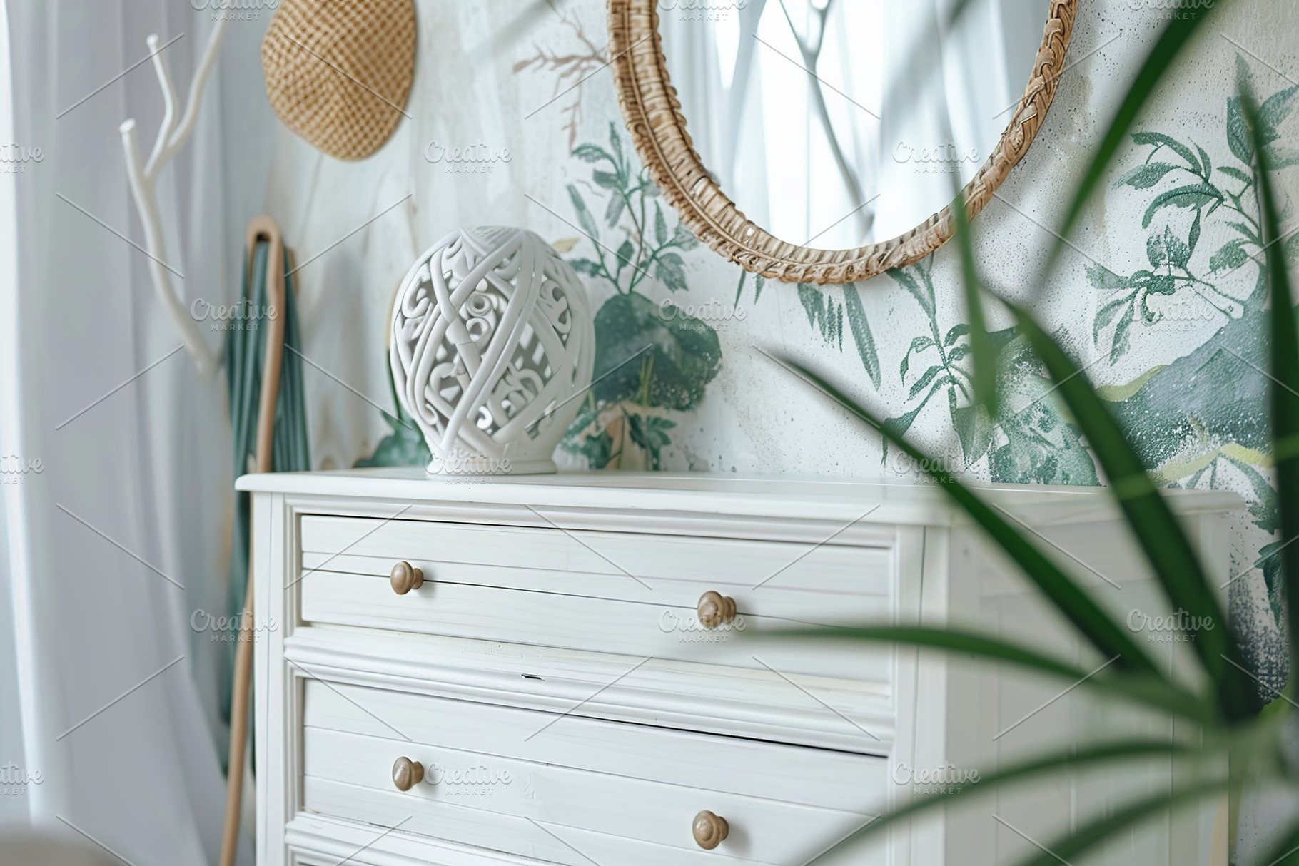 Fresh cut spring flowers in vase on chest of drawers in bedroom, a Beauty & Fashion Photo by AlyaAnd