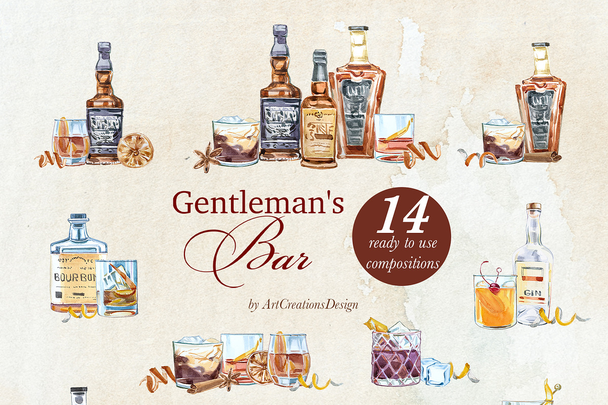 Gentleman's Bar Watercolor Clipart, a Food Illustration by ArtCreationsDesign (Photo 4 of 12)