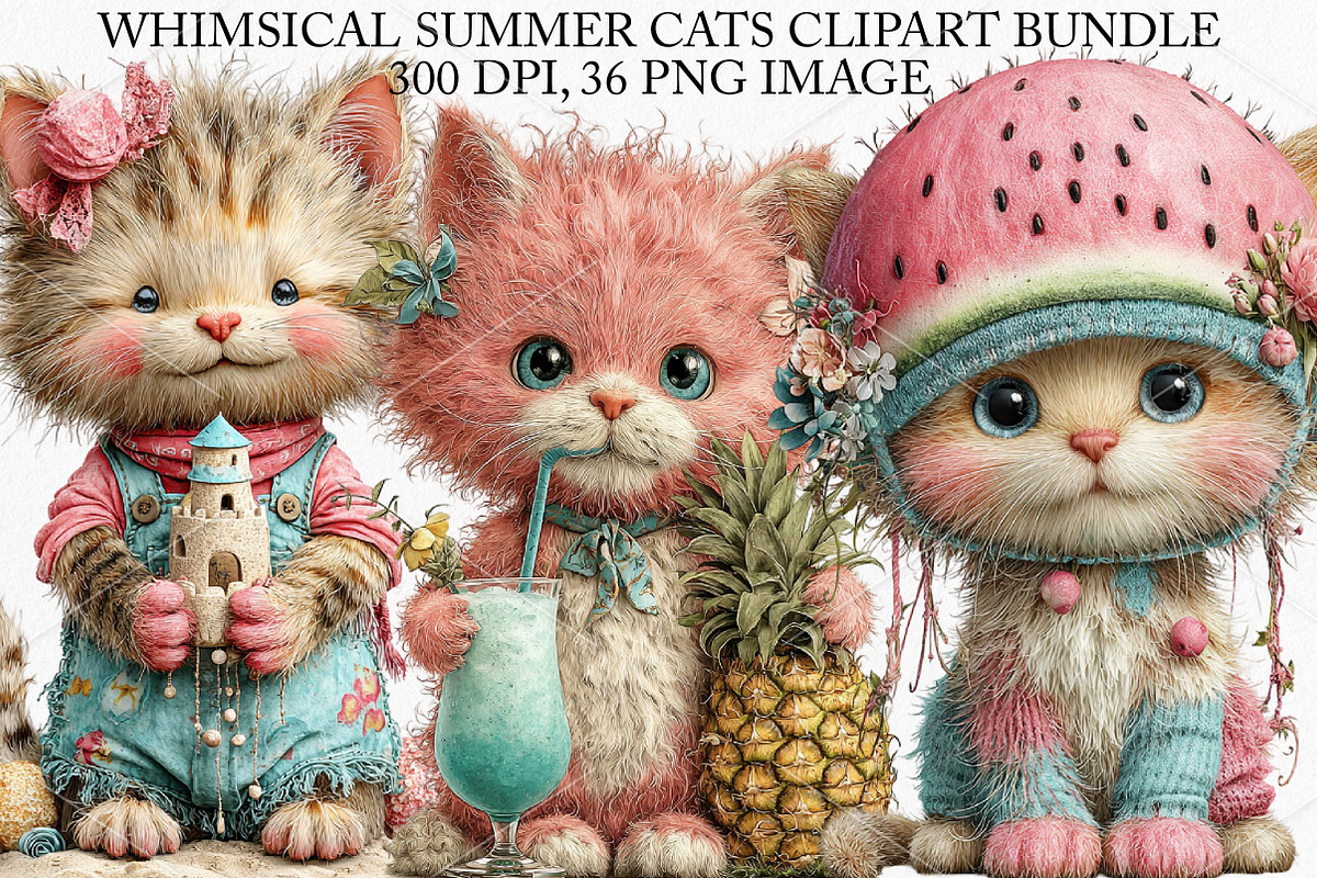 Whimsical Summer Cats Clipart Bundle, an Illustration by Canvas Craft (Photo 1 of 7)