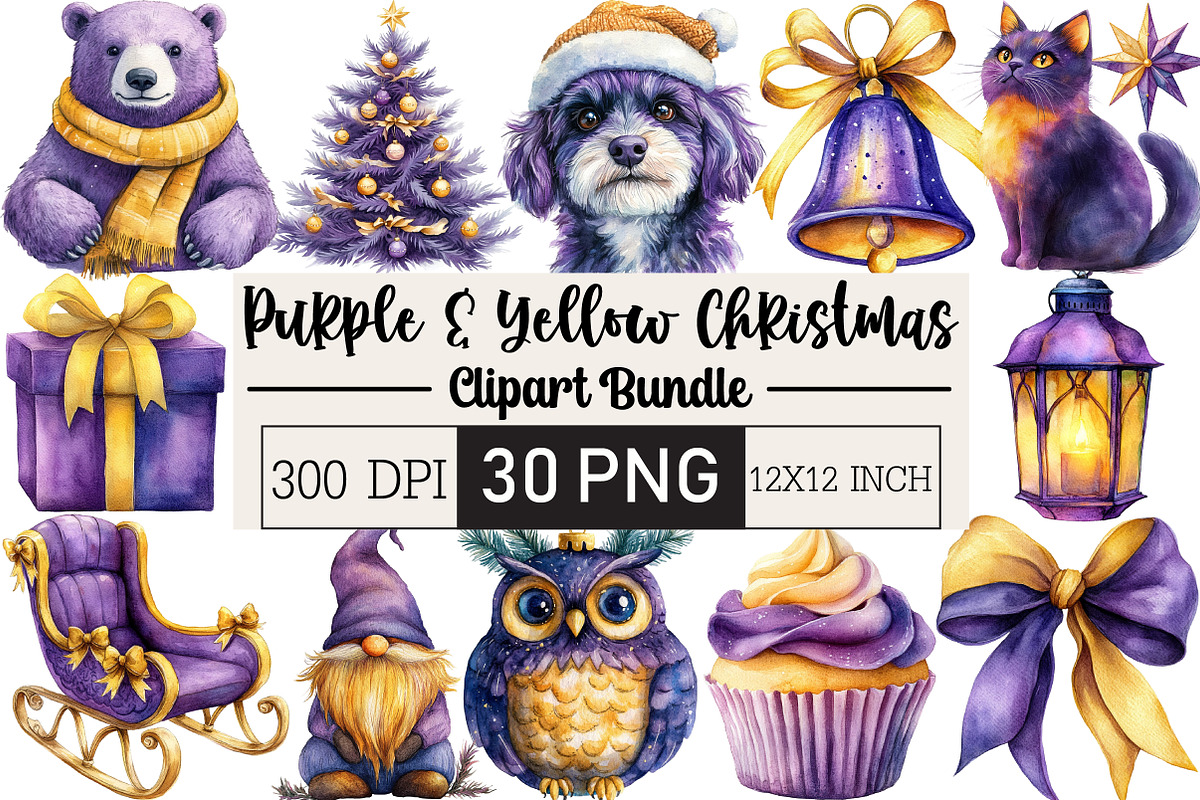 Purple And Yellow Christmas Clipart, an Illustration by Black Bird Studio (Photo 1 of 6)