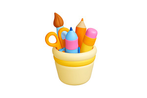 Children school stationery in cup 3d, an Education Illustration by Valerie Bodnar