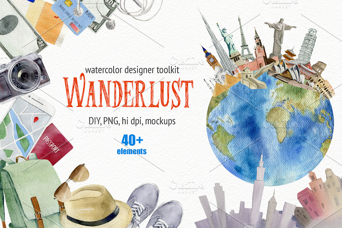 Wanderlust watercolor design toolkit, a Transportation Illustration by Elegantia (Photo 1 of 6)