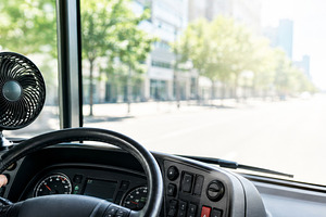 Bus drivers view of empty street wit, a Photo by Dvoevnore photos
