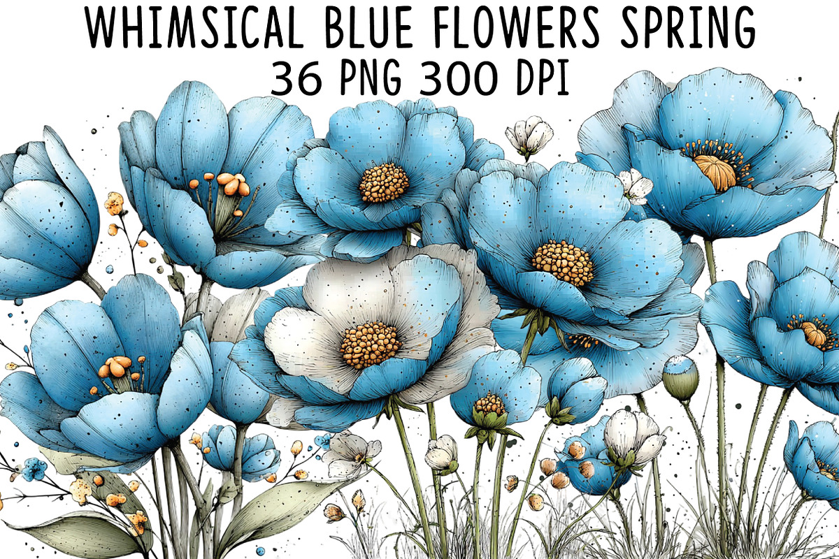 Whimsical Blue Flowers Spring Clipar, an Illustration by CraftArtStudio (Photo 1 of 6)