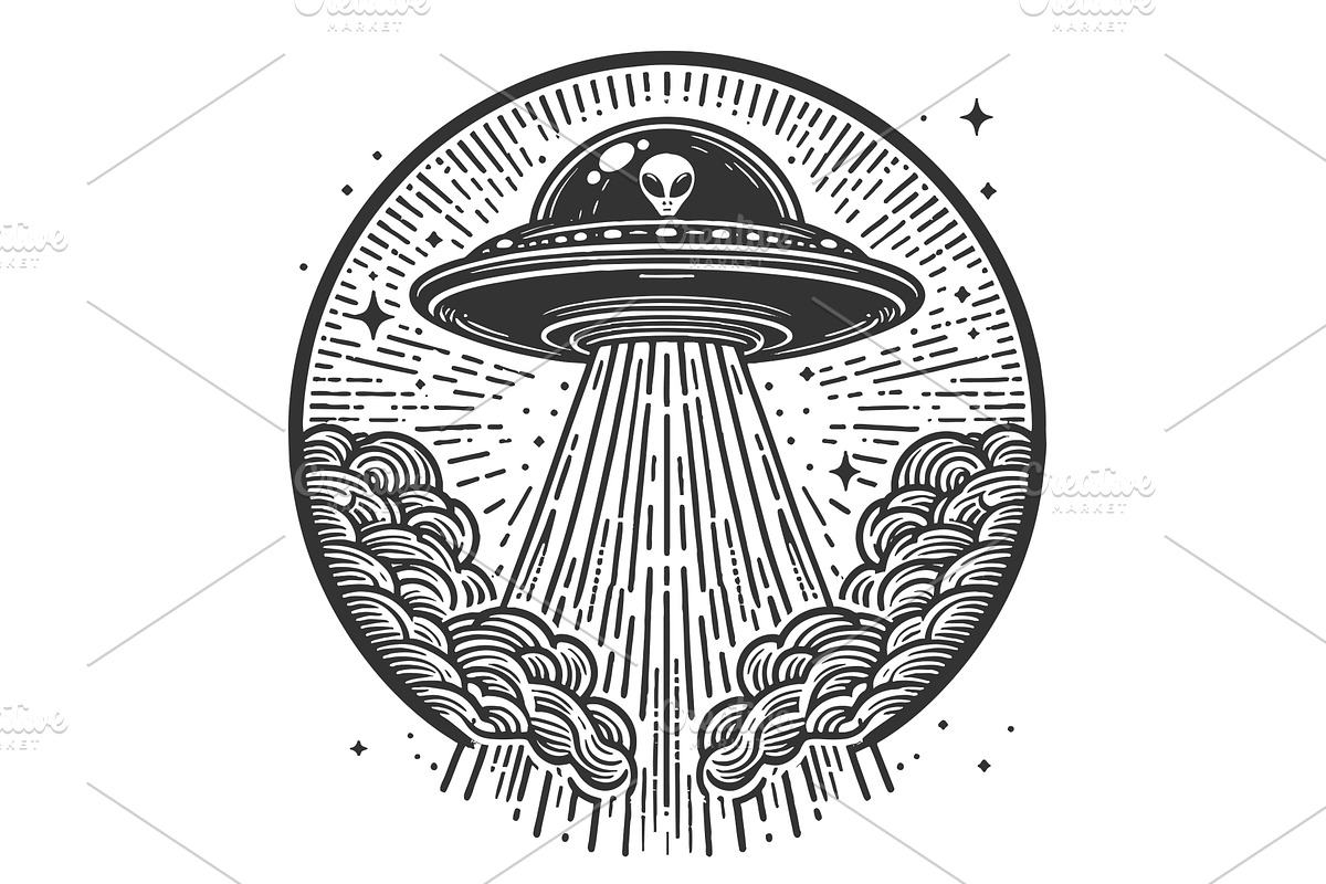 UFO with Beam of Light engraving, a Transportation Illustration by AlexArt
