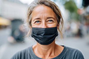 Thoughtful woman in face mask in urban setting, a Person Photo by AlyaAnd