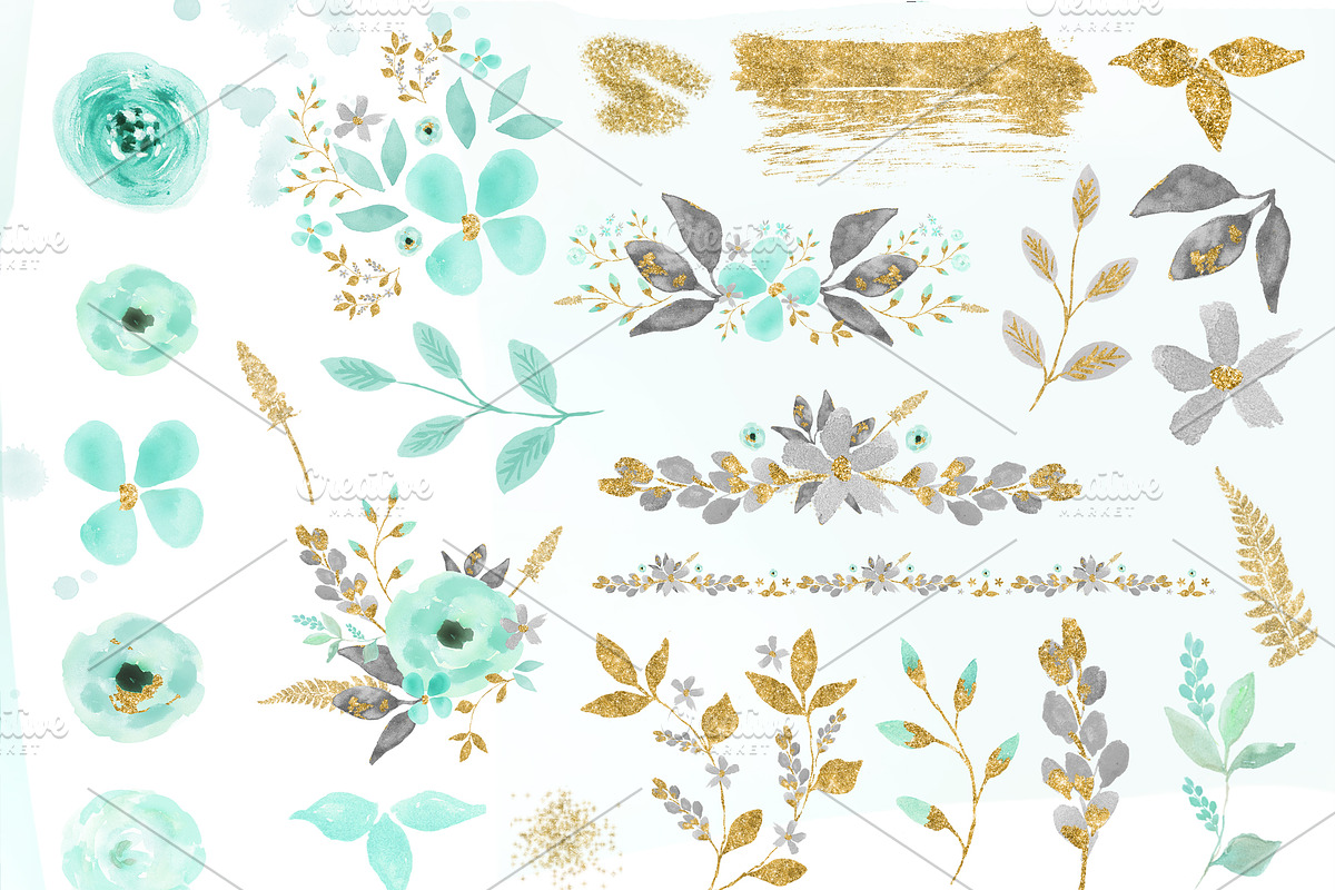 Mint & Gold -  flower clipart, an Illustration by DigitalCloud (Photo 4 of 6)