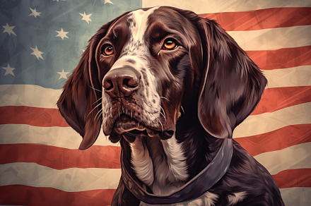 Beautiful dog with american flag on background. Generative AI, an Animal Photo by AlyaAnd