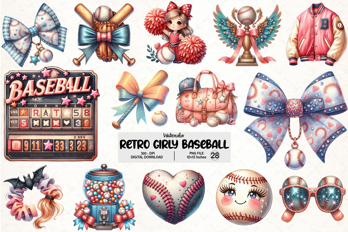 Watercolor Retro Girly Baseball, an Illustration by Pixels.Craft (Photo 1 of 7)