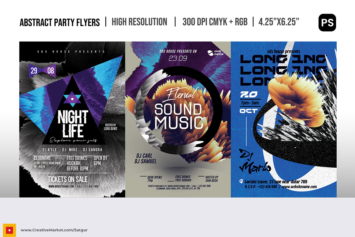 3 Abstract NightClub Party Flyers, a Flyer Template by Satgur Graphic Design (Photo 1 of 9)