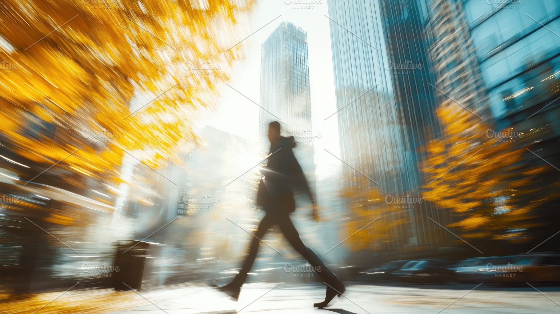 A blurred figure of a person walking through a city street adorned with autumn, a Person Photo by Textures & Backgrounds