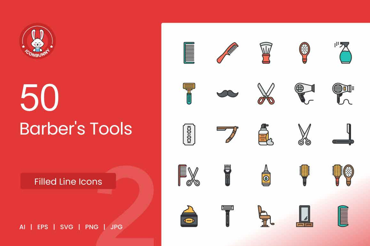 50 Barber’s Tools Filled Line Icons, an Icon by IconBunny (Photo 1 of 2)