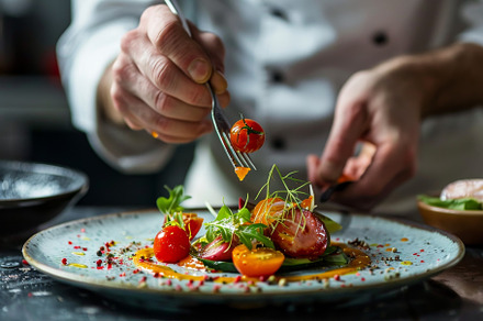 A chef carefully garnishes a plate o, a Photo by Iftikhar Alam