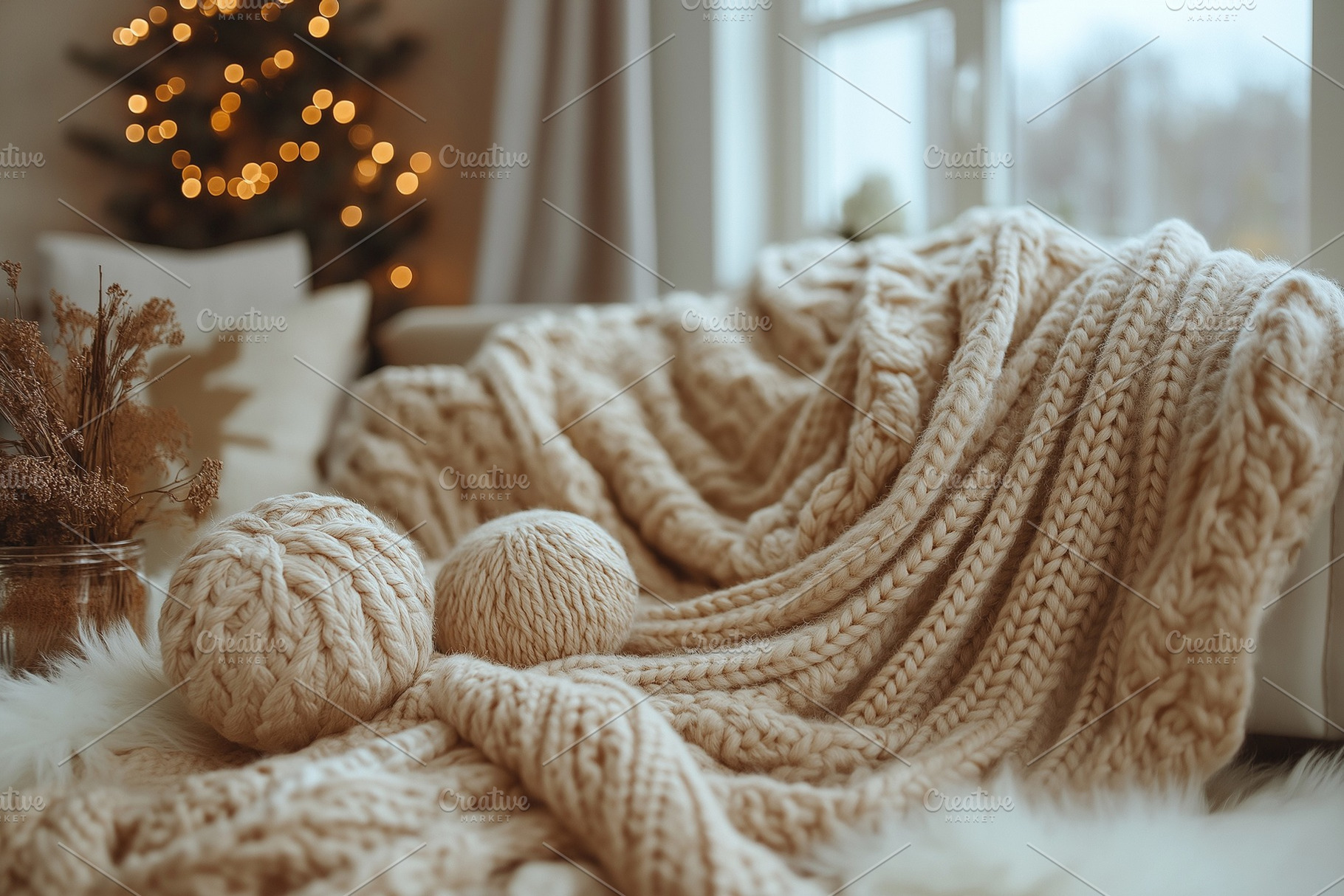 A cozy scene featuring a knitted blanket and soft yarn balls, evoking warmth an, a Background Photo by ImageMir