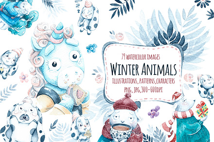 Watercolor Winter animals.