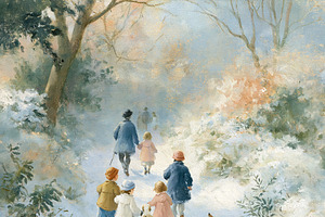 Family enjoying a winter walk through a snowy forest path with children and ani, an Illustration by Studio ANNA