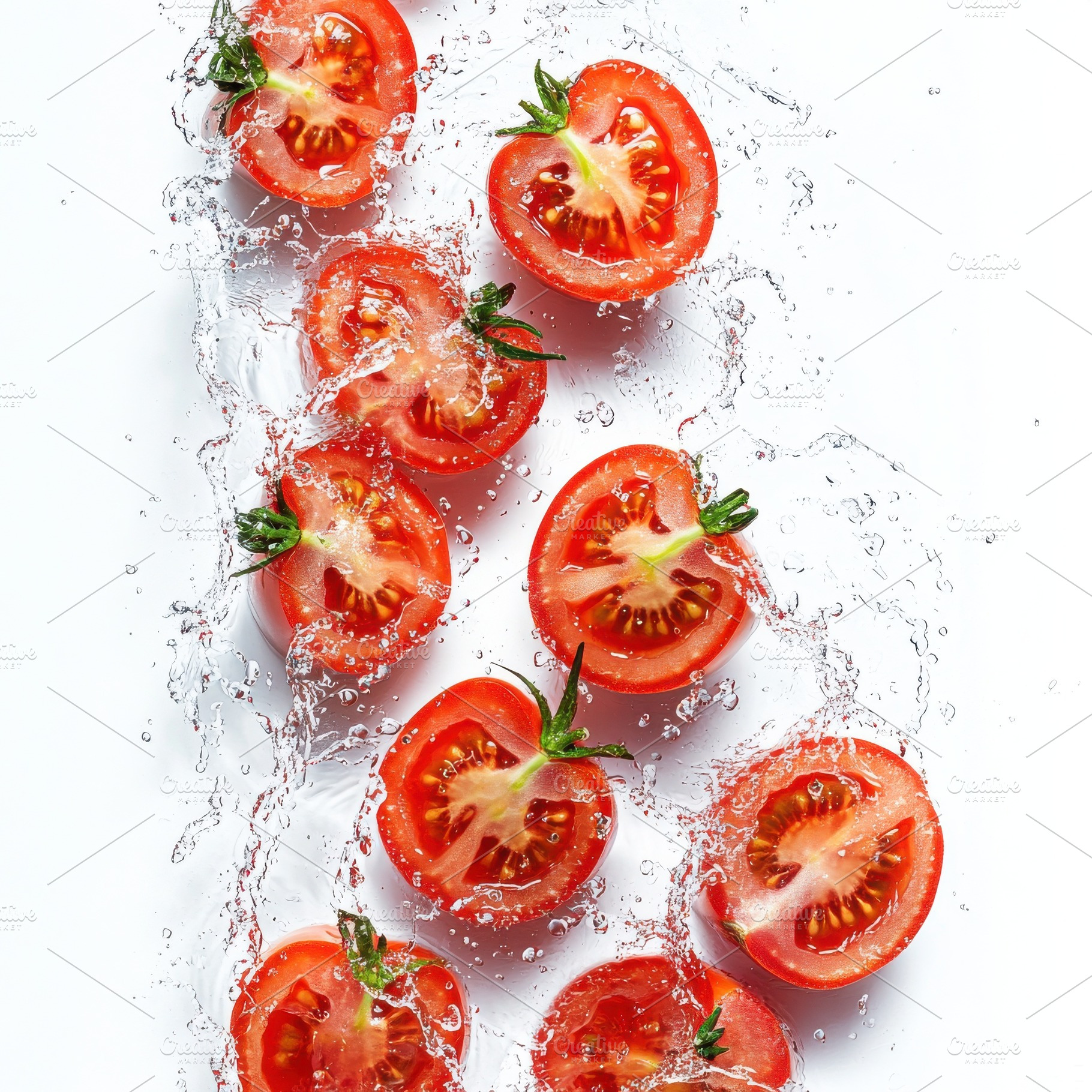 Ripe tomatoes slices with water spla, a Food & Drink Photo by Pixeness Studio