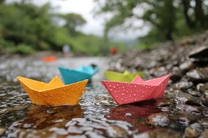 Paper boats floating in a serene forest stream, an Abstract Photo by AlyaAnd