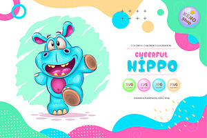 Cheerful cartoon hippo. Tshirt, PNG., an Animal Illustration by KENO Mascots