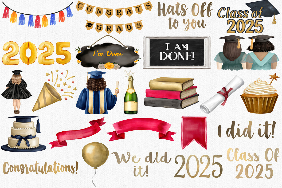 Watercolor Graduation Clipart Set, an Illustration by CropUp Creative (Photo 3 of 4)