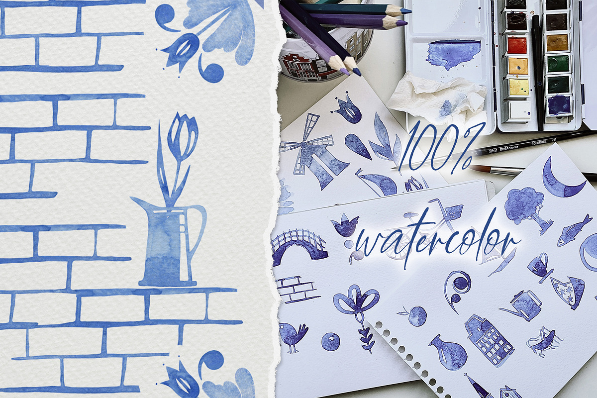 Dutch watercolor tiles and ornaments, a Decorative Illustration by ArtPavo (Photo 3 of 7)