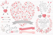 Pink & Grey Floral Heart & Banners, an Illustration by Amanda Ilkov (Thumbnail 1 of 4)
