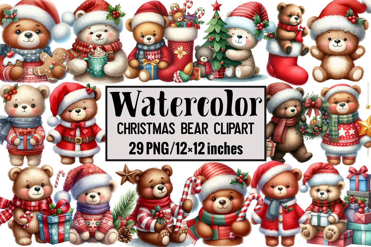 Christmas Bear Clipart, an Illustration by Design Market (Photo 1 of 4)