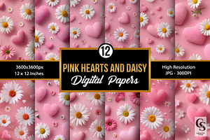 Pink Hearts & Daisy Digital Papers, a Pattern Graphic by Creative Store