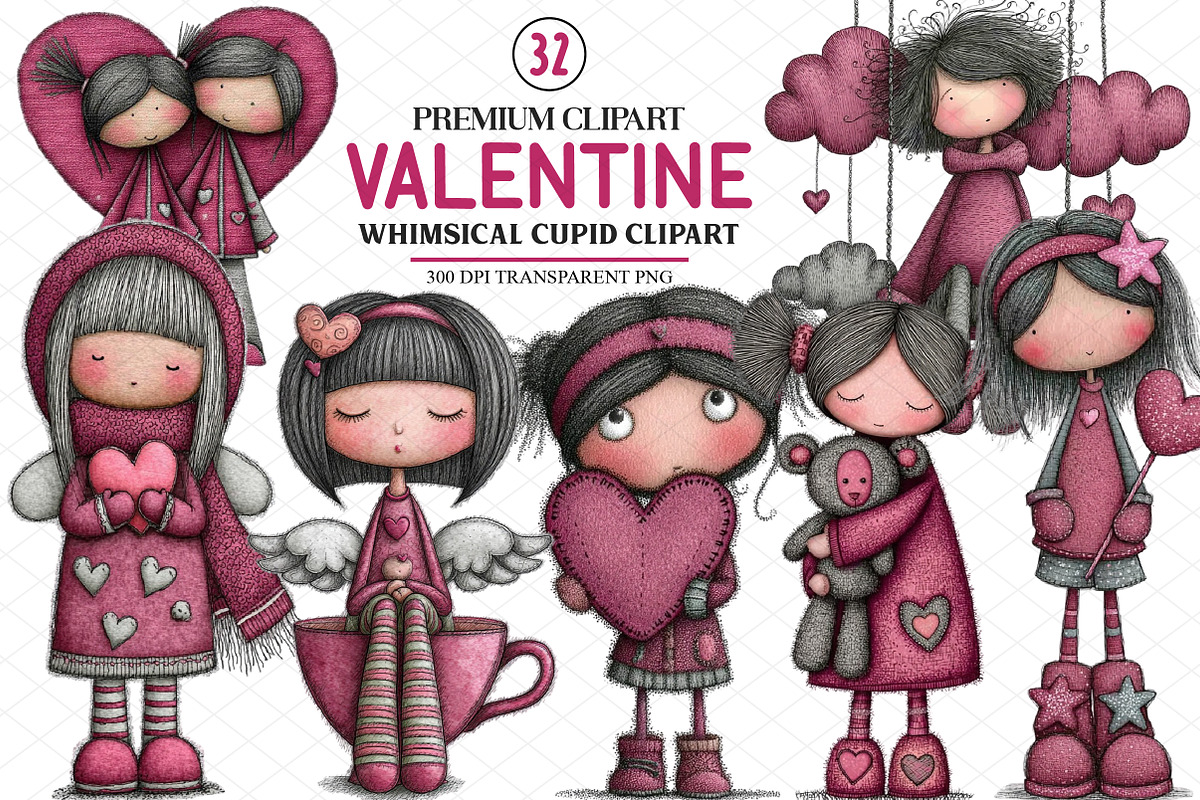 Whimsical Cupid Valentine Clipart, an Illustration by cherrydesign (Photo 1 of 4)