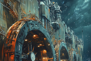 A futuristic underwater facility with large, circular entrances. Waves crash ag, a Technology Illustration by Textures & Backgrounds