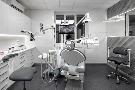 Contemporary dental clinic with containing interior, dental, and clinic