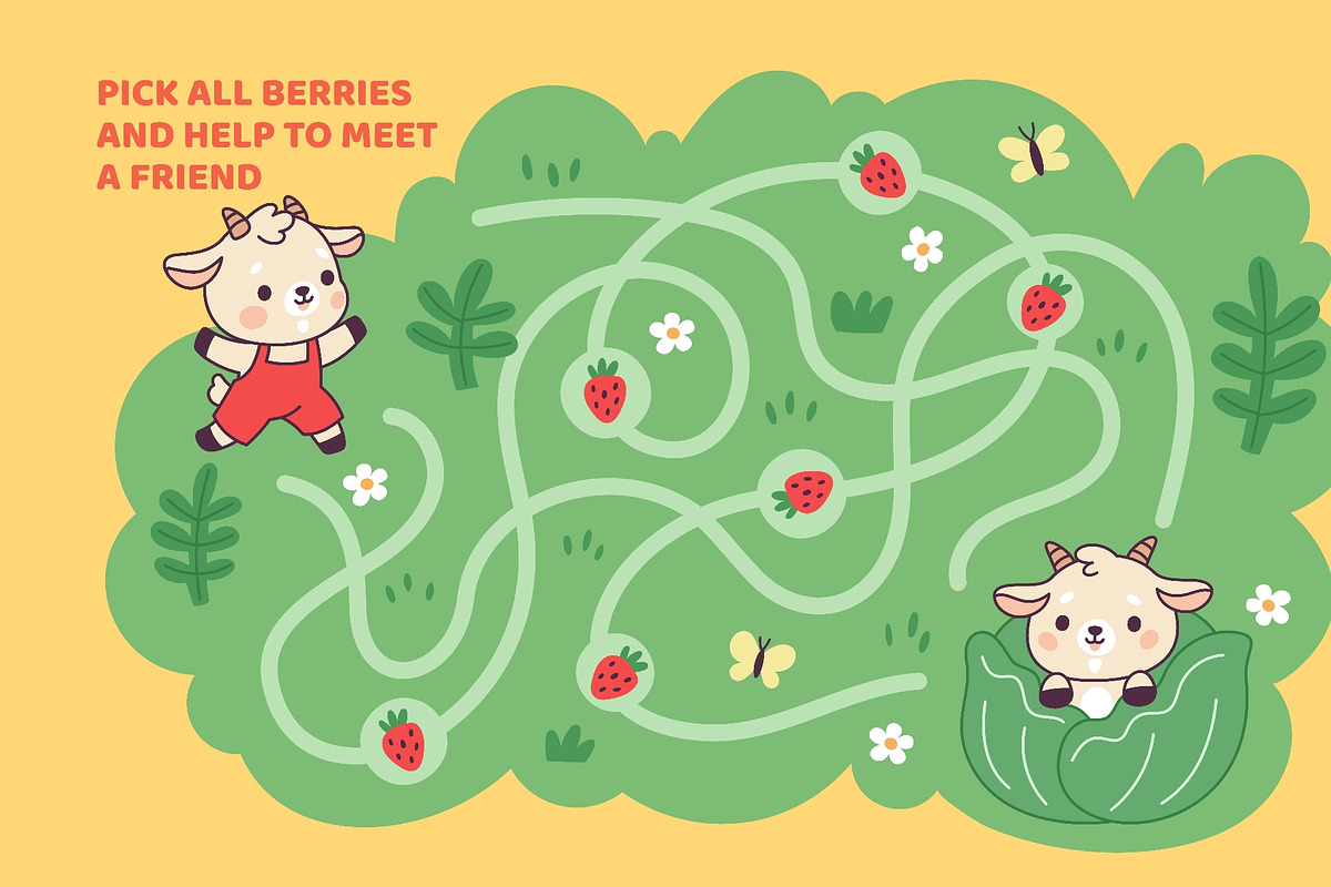 Kawaii goat maze game. Cute baby, an Animal Illustration by YummyBuum (Photo 3 of 3)