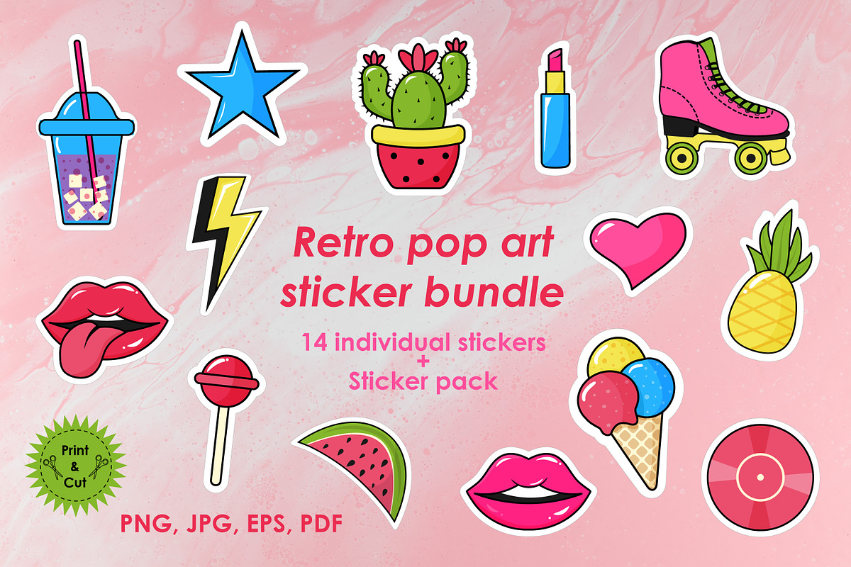 Retro pop art sticker bundle, an Object Illustration by JulyGart (Photo 1 of 6)