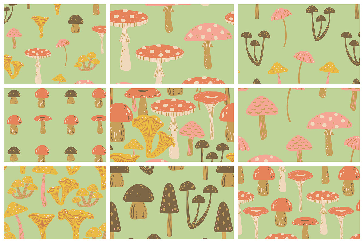 Woodland Mushrooms pattern & clipart, a Seasonal Illustration by Carpet Tapete Pretzel (Photo 2 of 13)