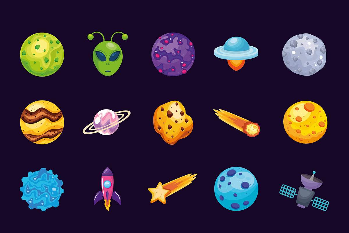 Space Cartoon Icons Set