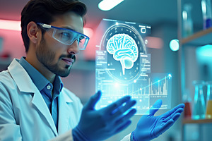 Scientist with futuristic interface, a Health & Medical Photo by angellodeco